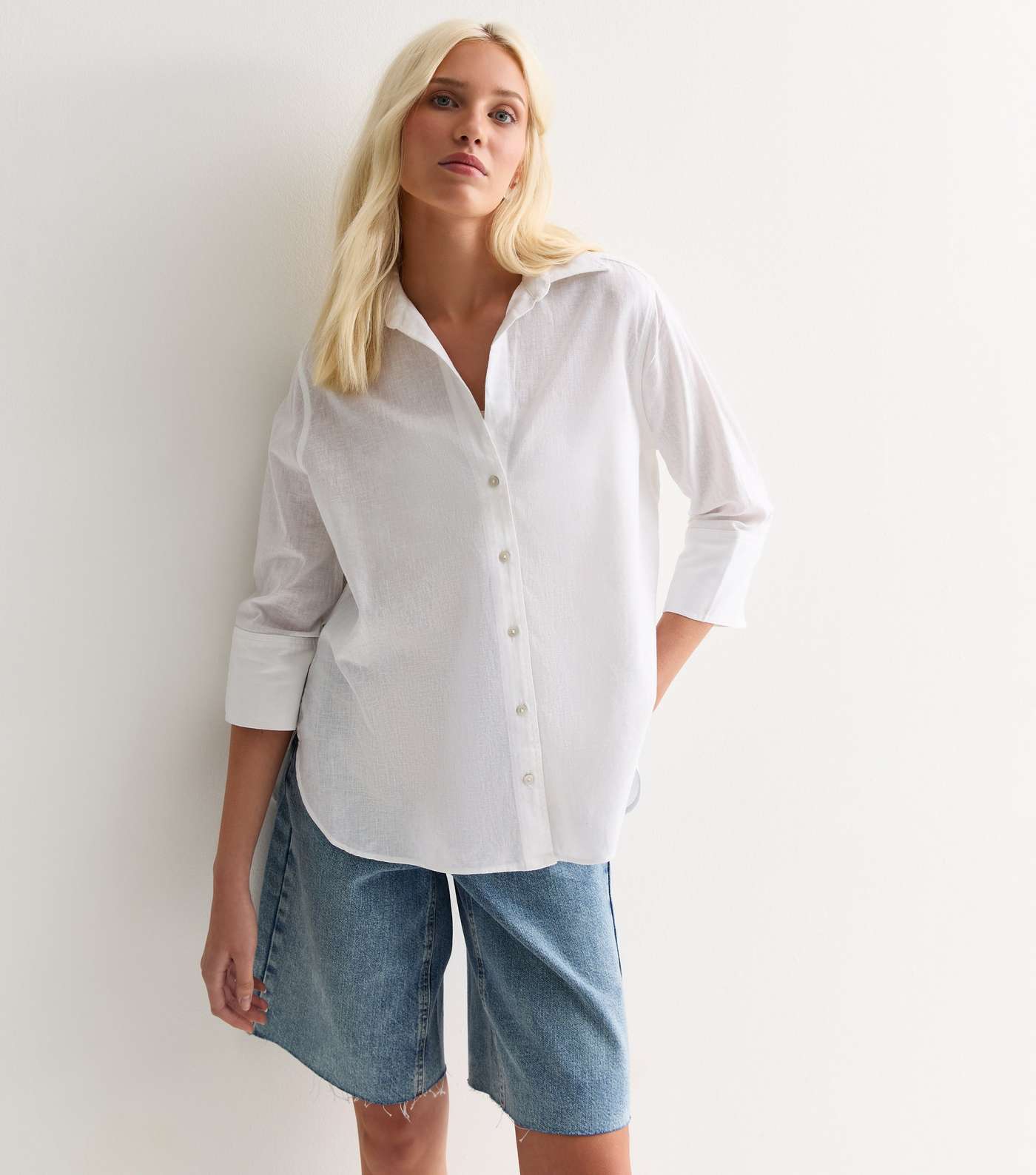 Tall White Cotton Linen 3/4 Sleeve Shirt
