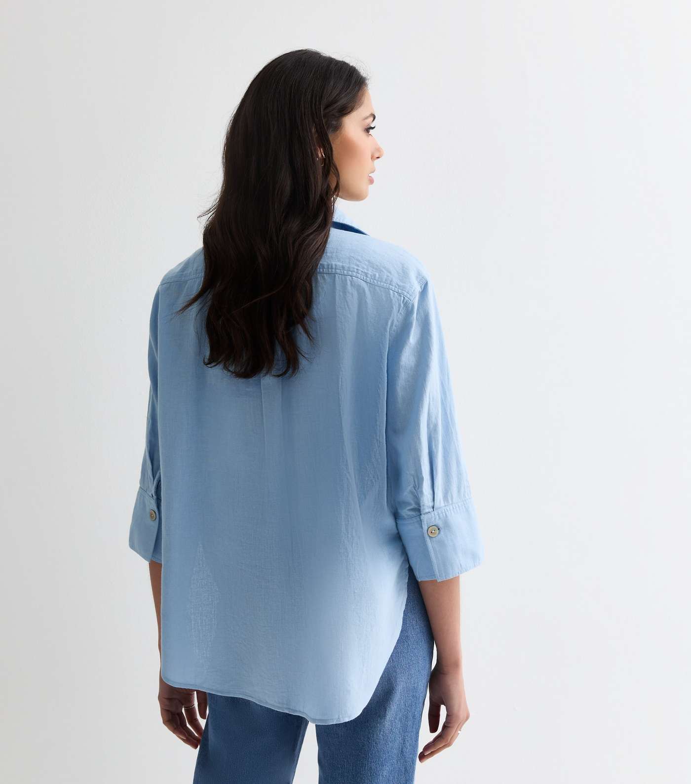 Tall Blue Cotton Linen 3/4 Sleeve Shirt Image 4