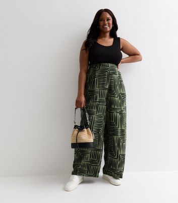 Curves Green Abstract Print High Waist Wide Leg Trousers New Look