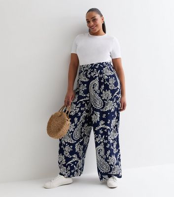 Curves Navy Paisley Print Wide Leg Trousers New Look