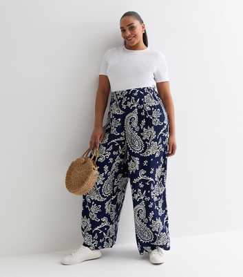 Curves Navy Paisley Print Wide Leg Trousers