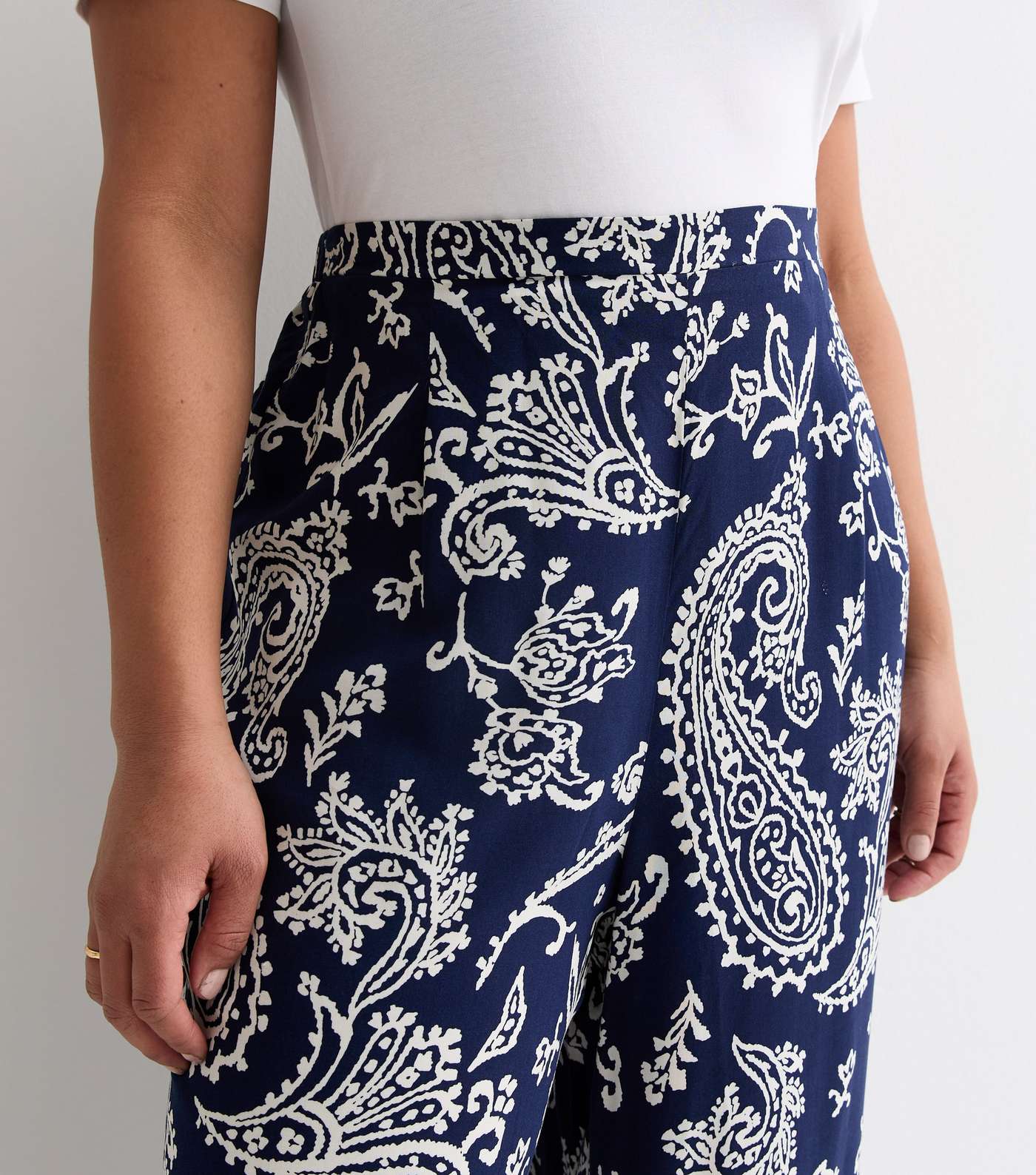 Curves Navy Paisley Print Wide Leg Trousers Image 2