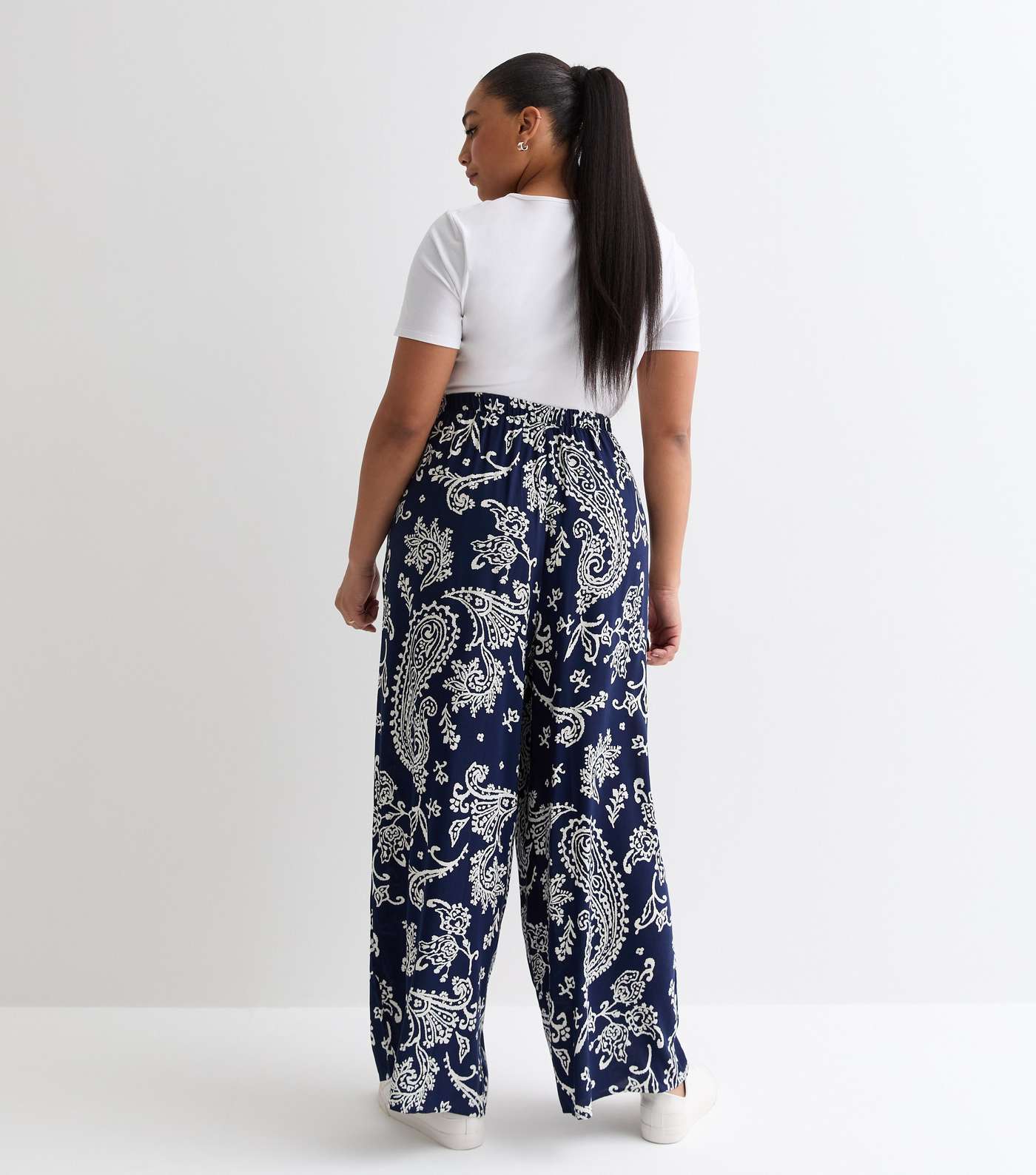Curves Navy Paisley Print Wide Leg Trousers Image 4