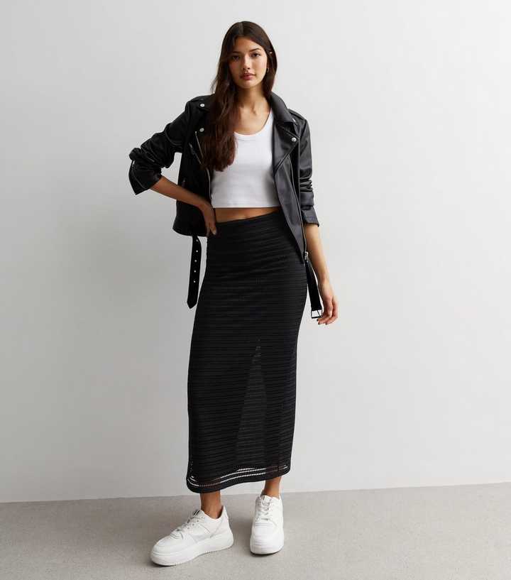 Black Crochet High Waist Midi Skirt