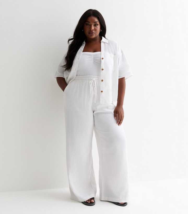 Curves White Linen Blend Wide Leg Trousers