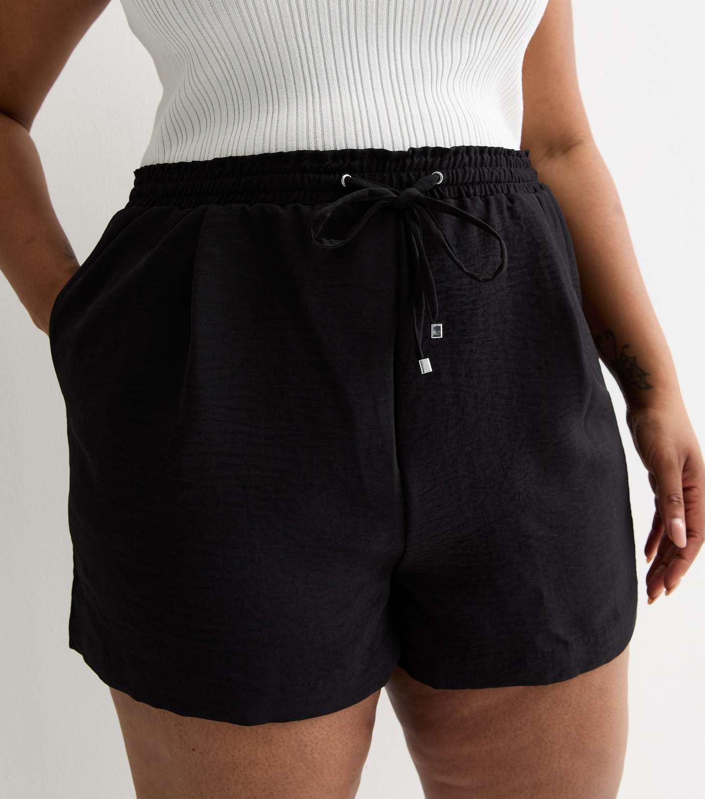 Curves Black Elasticated Shorts Image 2