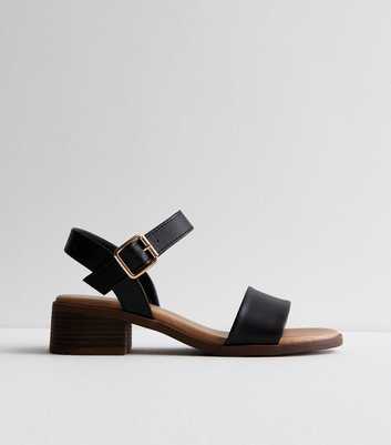 Black Leather-Look Low Block Heel Sandals