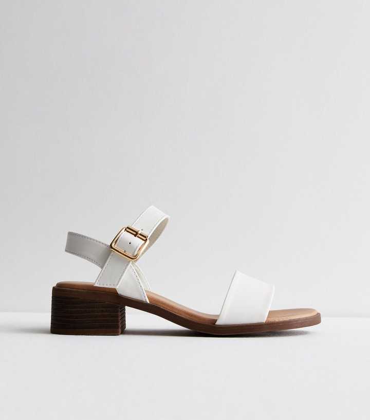 White Leather-Look Low Block Heel Sandals