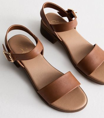 Tan Leather-Look Low Block Heel Sandals New Look