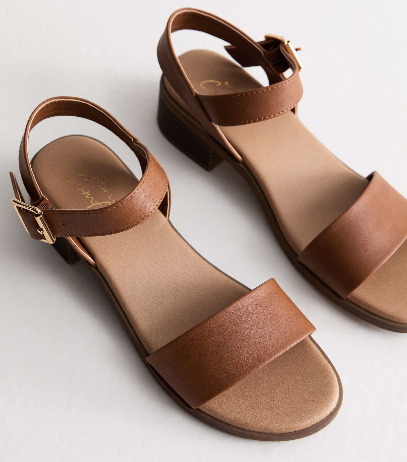 Tan Leather-Look Low Block Heel Sandals Image 3