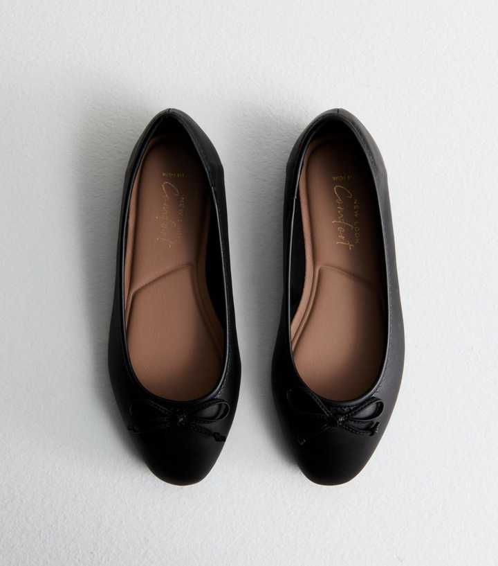 Wide Fit Black Leather-Look Ballerina Pumps