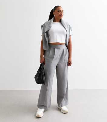 Curves Grey Pleated Wide Leg Trousers