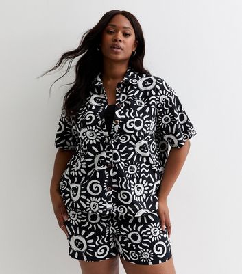 Curves Black Sun Printed Cotton-Linen-Blend Resort Shirt New Look