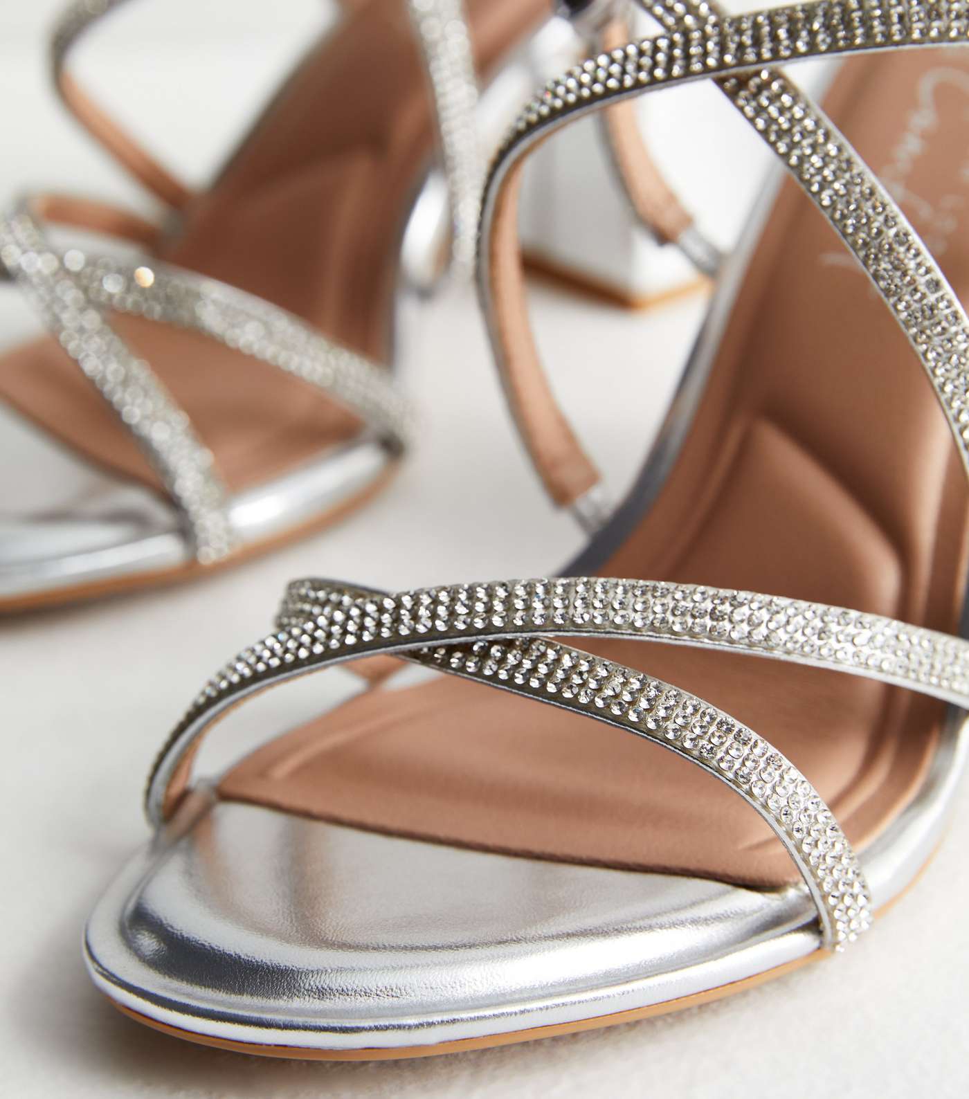 Wide Fit Silver Diamanté Strappy Block Heel Sandals Image 5