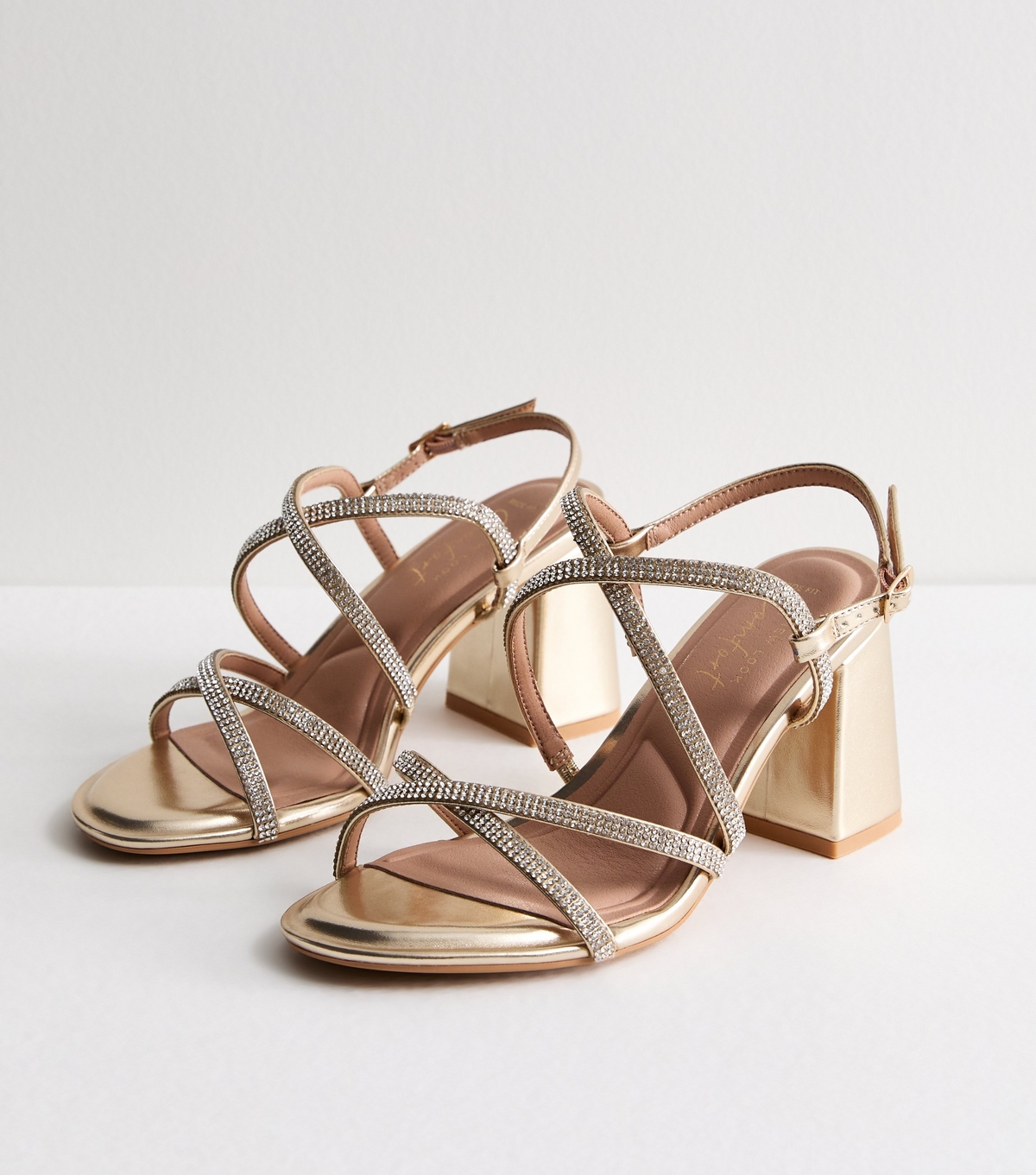 Women's Wide Fit Gold Diamante Strappy Block Heel Sandals Vegan New Look