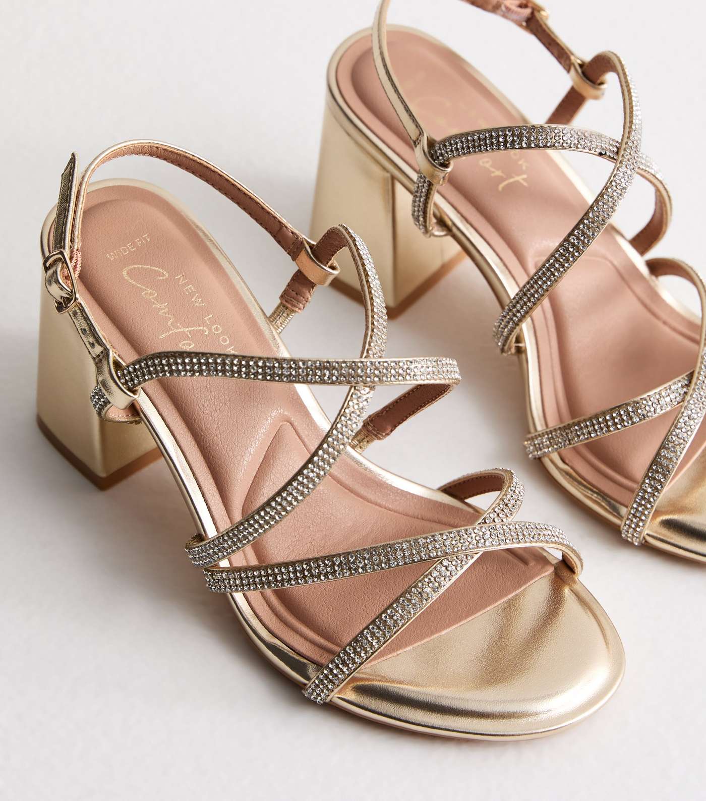 Wide Fit Gold Diamanté Strappy Block Heel Sandals Image 3
