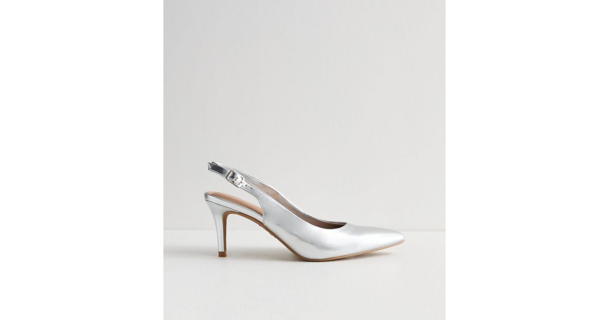 Silver Pointed Slingback Stiletto Heel Court Shoes