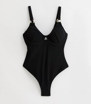 Black Textured Ring Underwired Swimsuit New Look