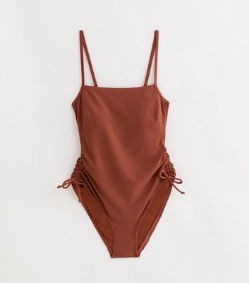 Rust Square Neck Ruched Swimsuit New Look