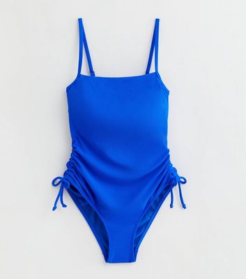 Blue Square Neck Ruched Swimsuit New Look