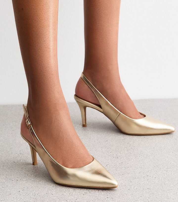 Gold Faux Leather Pointed Slingback Stiletto Heel Court Shoes