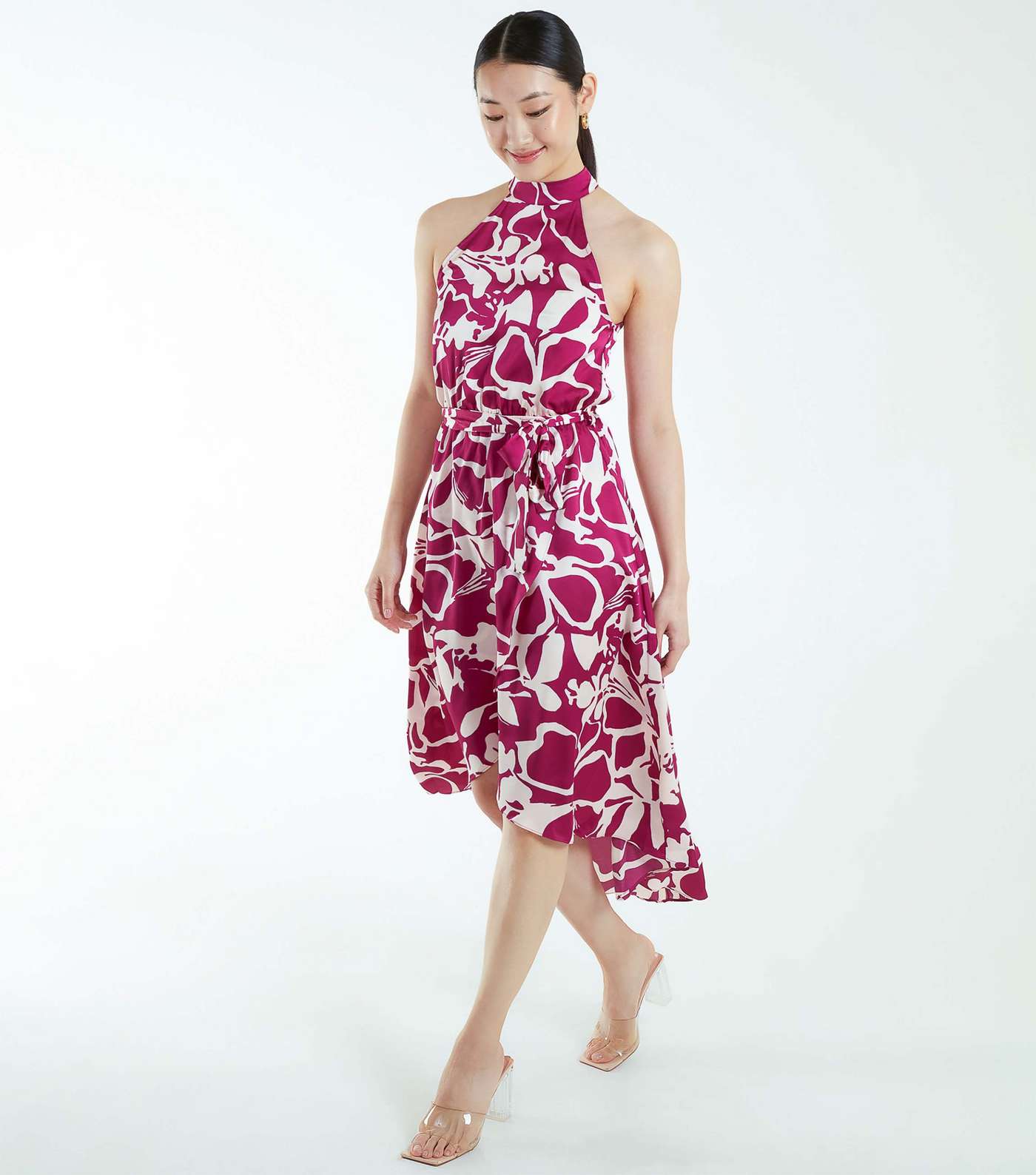 Blue Vanilla Pink Abstract Print Satin Halter Midi Dress Image 2