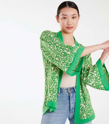 Blue Vanilla Green Abstract Print Kimono New Look