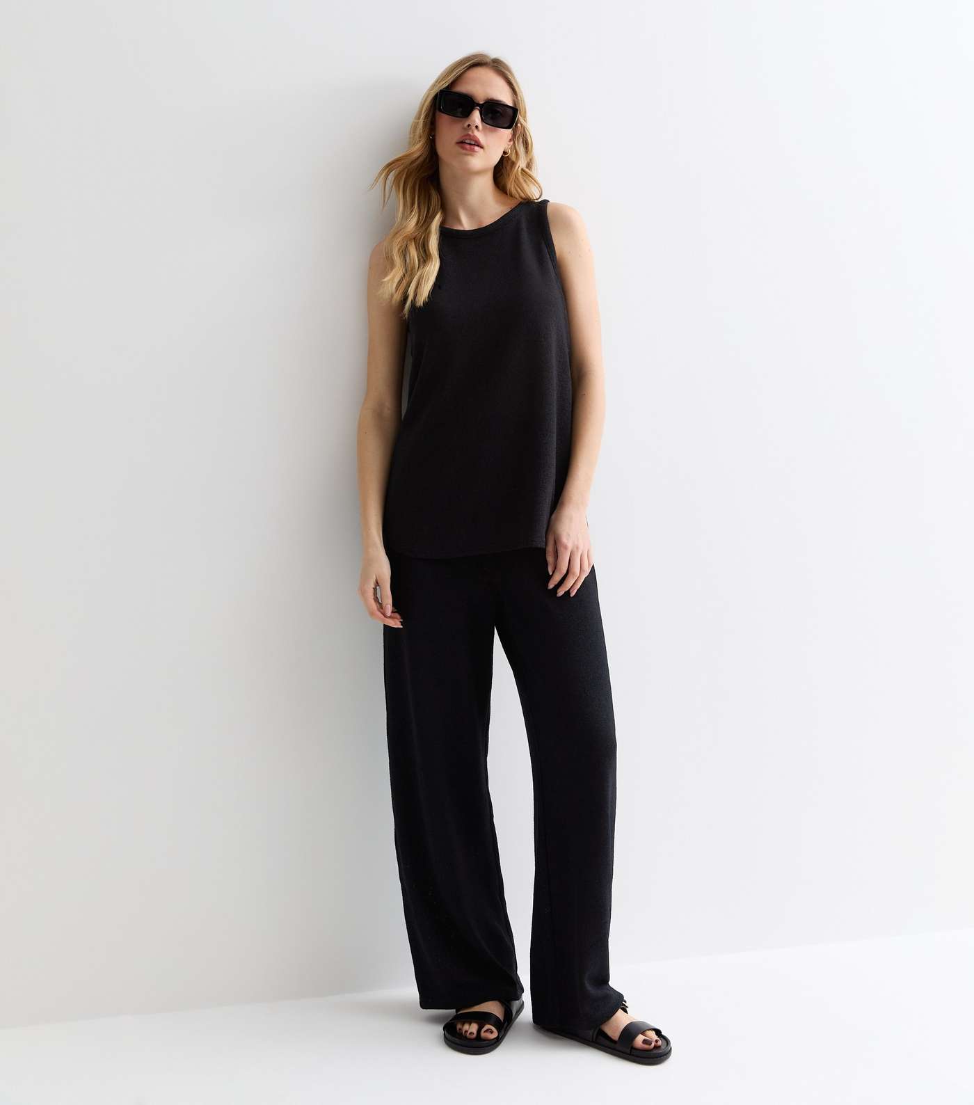 Black Textured Fine Knit Trousers Image 3
