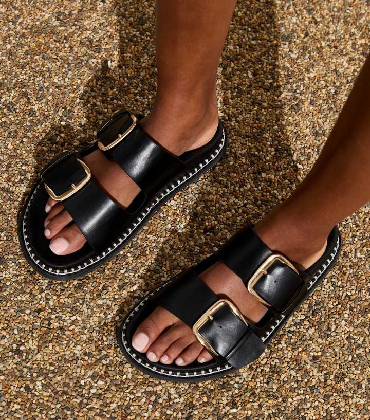 Black Leather-Look Buckle Chunky Sliders