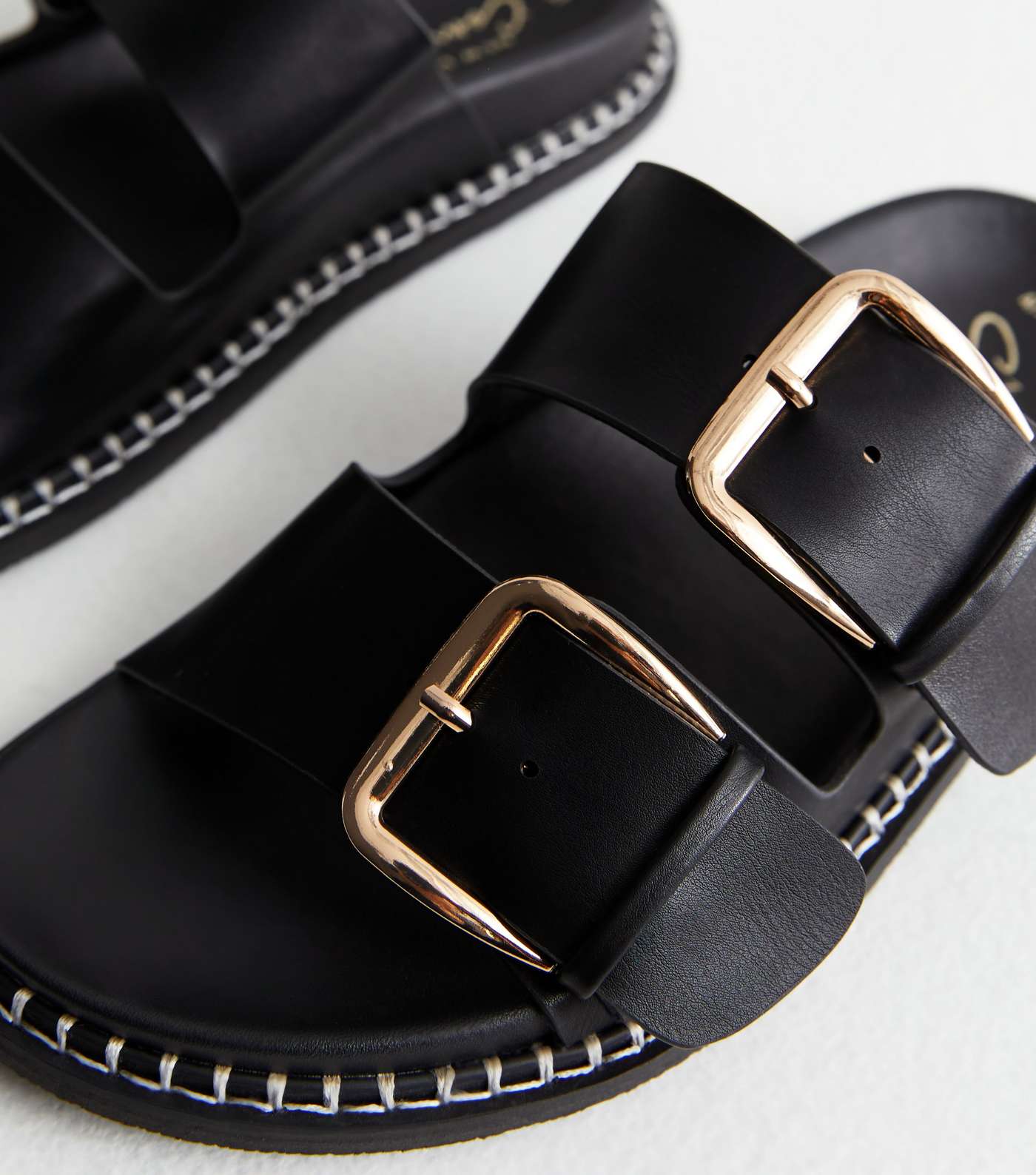 Black Leather-Look Buckle Chunky Sliders Image 5