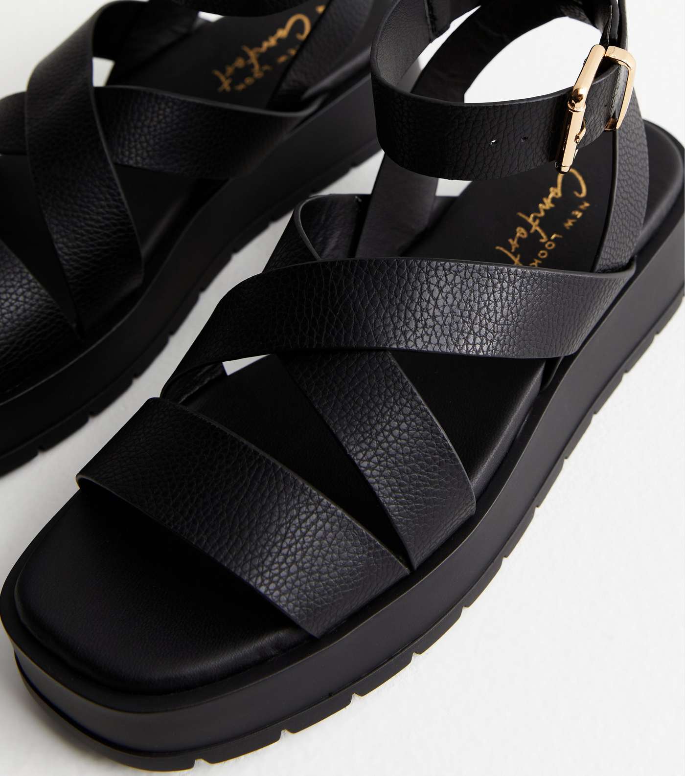 Black Leather-Look Cross Over Flatform Sandals Image 5