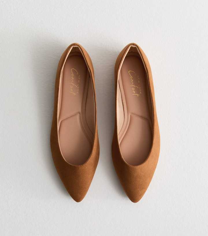 Tan Suedette Pointed Ballerina Pumps