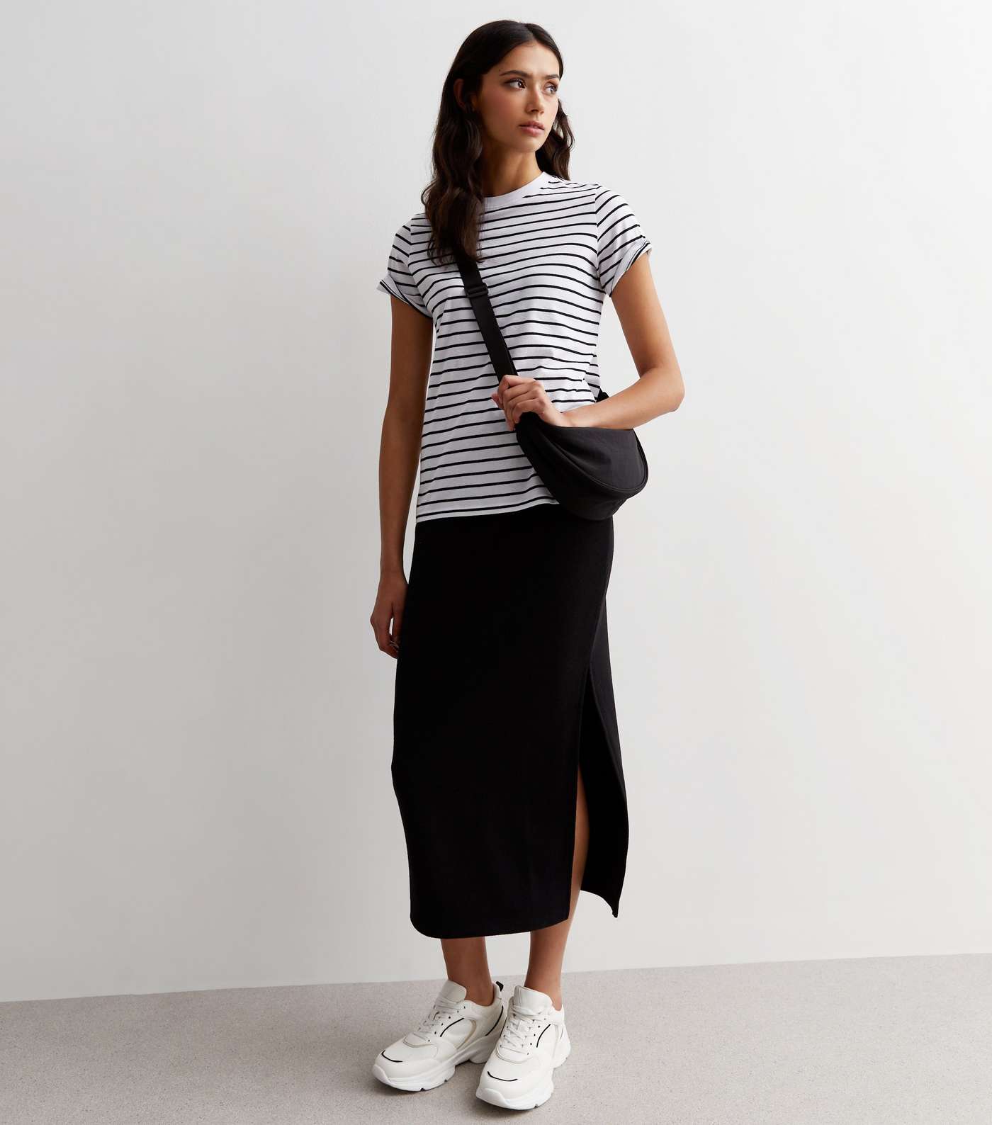 Black Brushed Knit Split Hem Midi Skirt Image 3