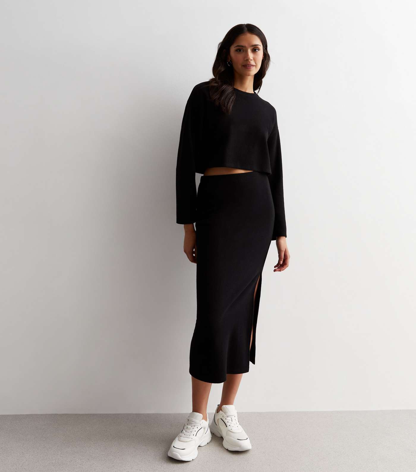 Black Brushed Knit Split Hem Midi Skirt Image 5