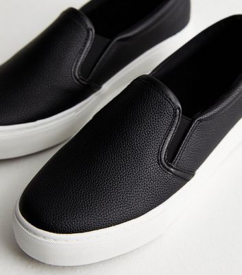 Black Leather Look Slip On Trainers New Look