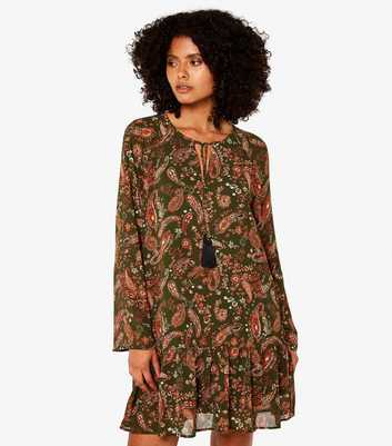 Apricot Green Paisley Print V Neck Mini Dress