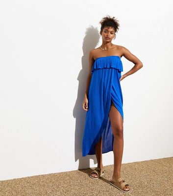 Bright Blue Bandeau Ruffle Maxi Beach Dress | New Look