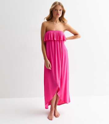 Bright Pink Bandeau Ruffle Maxi Beach Dress