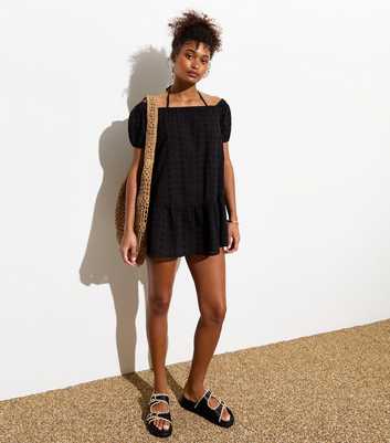 Black Broderie Anglaise Bardot Beach Mini Dress