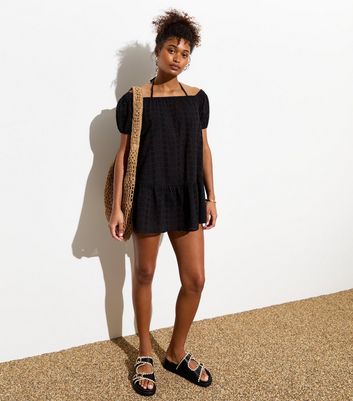 Black Broderie Anglaise Bardot Beach Mini Dress