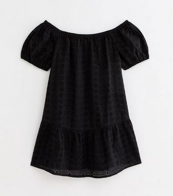 Black Broderie Anglaise Bardot Mini Dress New Look