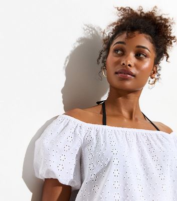 White Broderie Anglaise Bardot Beach Mini Dress | New Look