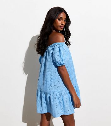 Blue Broderie Anglaise Bardot Beach Mini Dress New Look