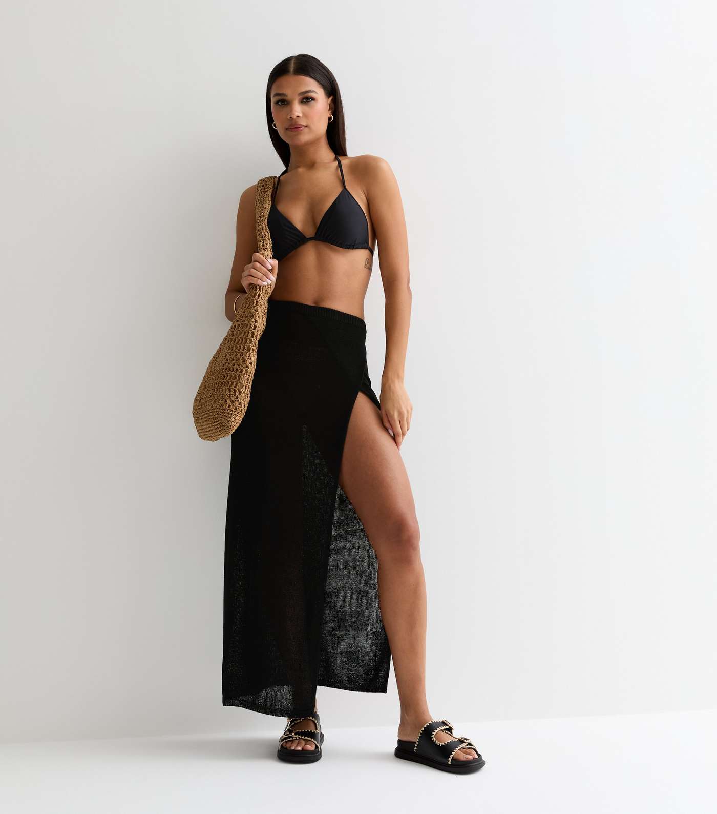 Black Knit Wrap Maxi Beach Skirt Image 3