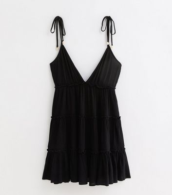 Black Crinkle Tiered Mini Beach Dress New Look