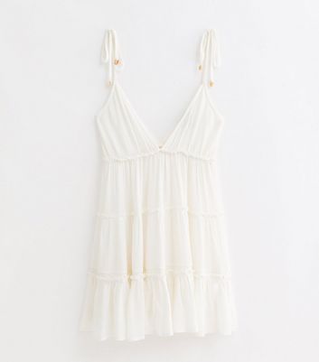 White Crinkle Tiered Mini Beach Dress New Look