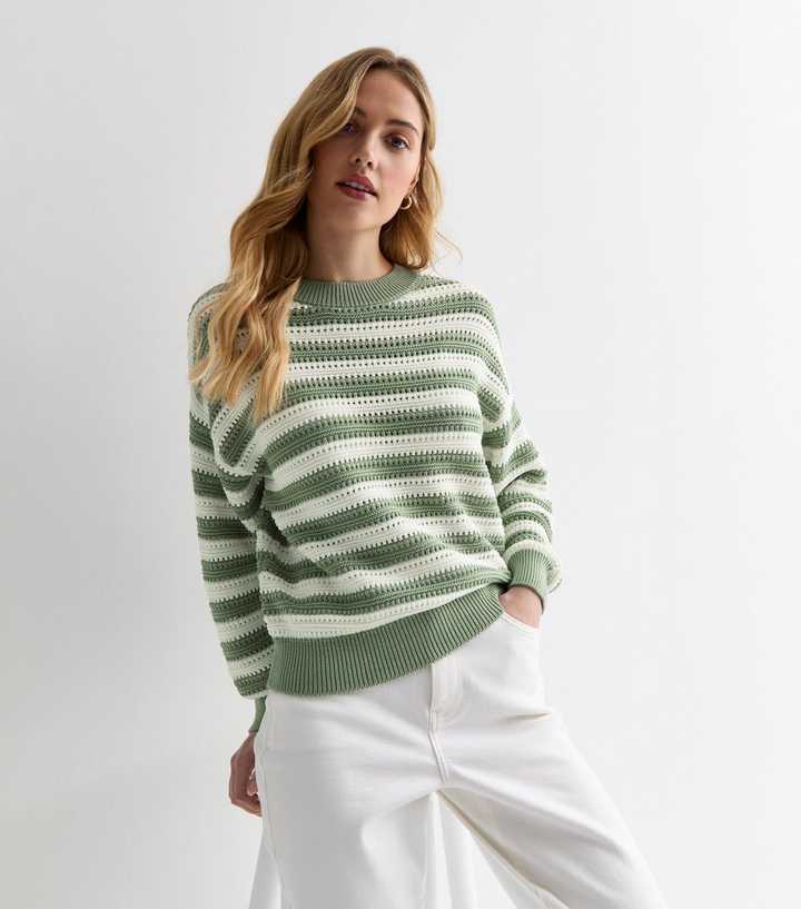 Green Stripe Mesh Stitch Knit Jumper