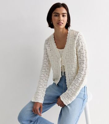 Cream Mixed Stitch Knit Tie Front Cardigan New Look