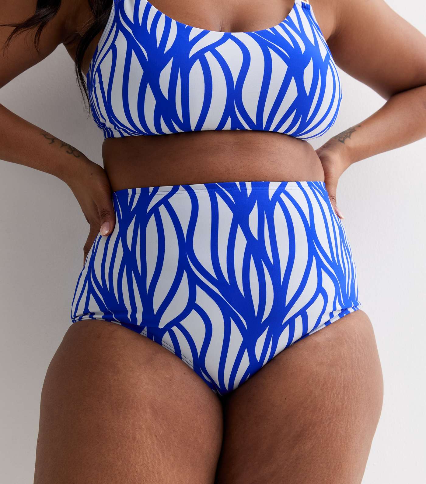 Curves Blue Line Print High Waist Bikini Bottoms Image 3