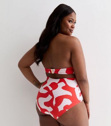 Curves Red Abstract Print High Waist Bikini Bottoms New Look